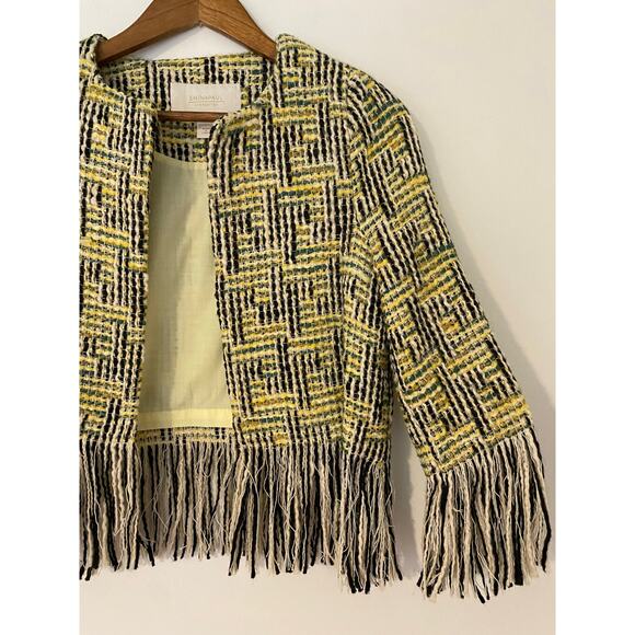 Emin and Paul Tweed Fringe Yellow Green Black Lady Jacket Wool Blend EUC Crop S - Picture 2 of 10